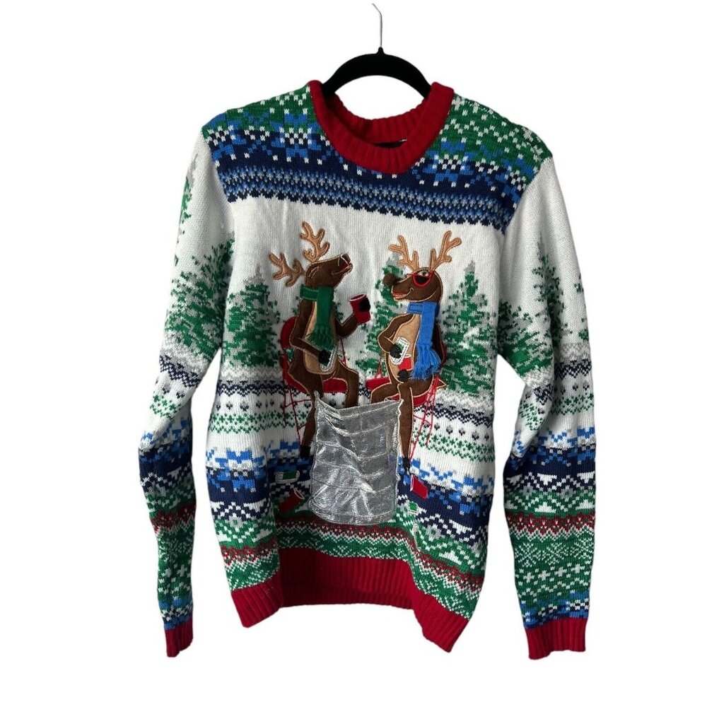 Deer Christmas Sweater Cup/ Beer Holder | Color: Red/White | Size: M Read Below